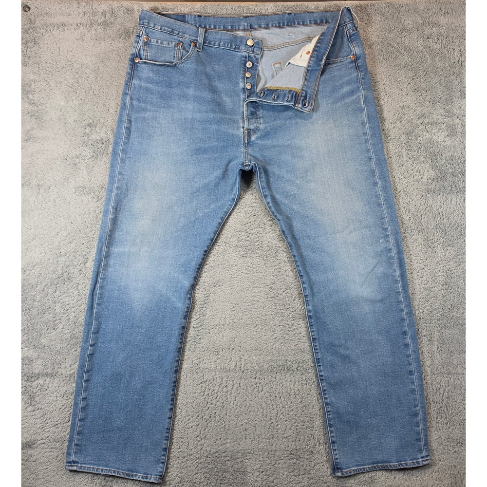 Levis 501 Button Fly Jeans Mens 42x32 Blue Straight Leg Original Fit Stretch